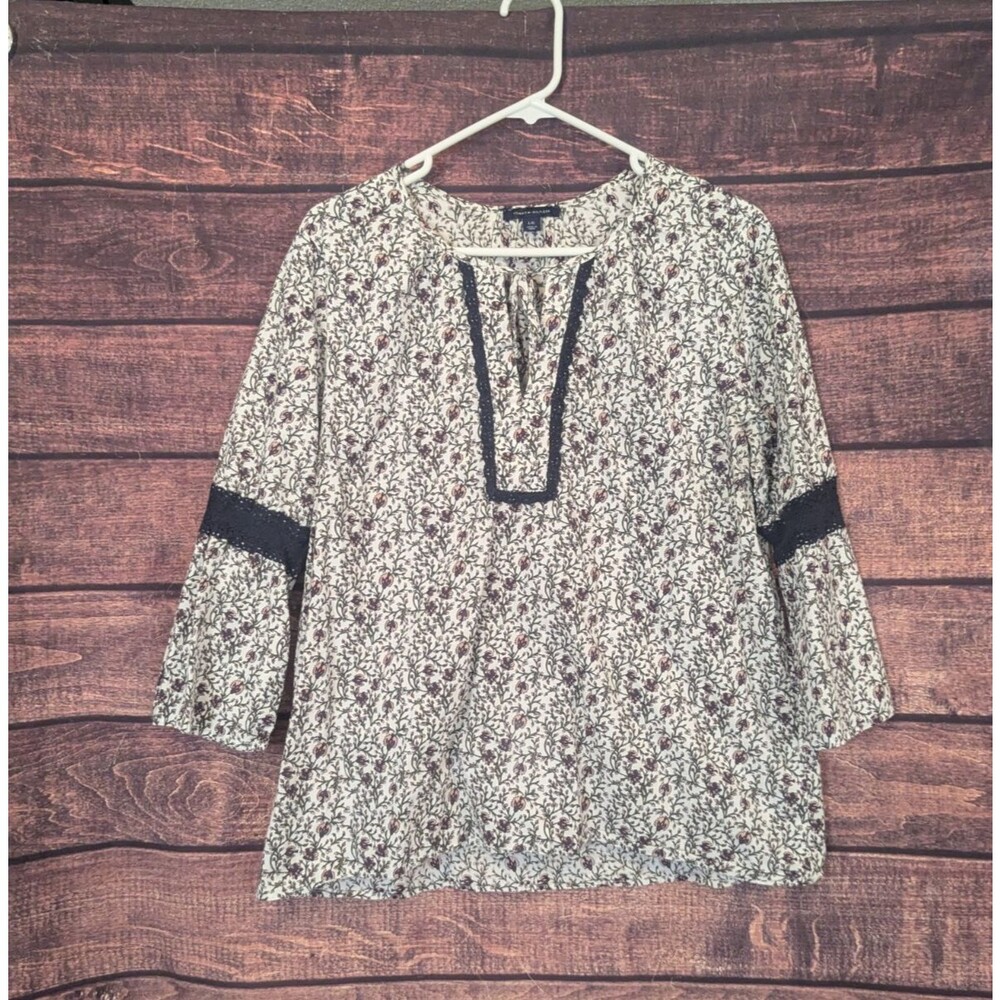 Tommy‎ Hilfiger Boho Peasant Blouse 100% Cotton 3/4 Sleeve with lace trim LARGE